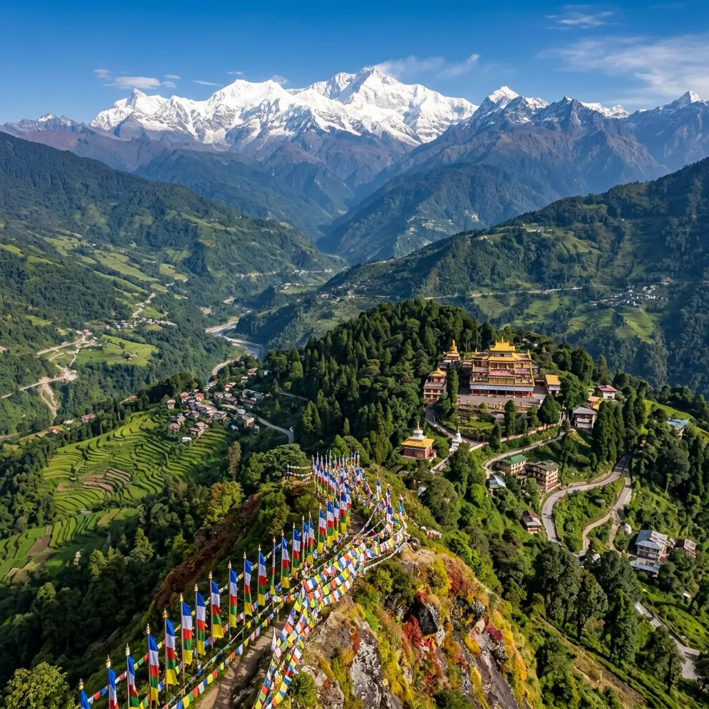 Sikkim – Buddhist prayer flags with Kangchenjunga mountain